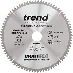 Trend Aluminium & Kunststoff Kreissägeblatt, 216 mm Durchmesser, 30 mm Bohrung, 80 Zähne, HW, 2,8 mm Schnittbreite, -6° Haken, CSB/AP21680