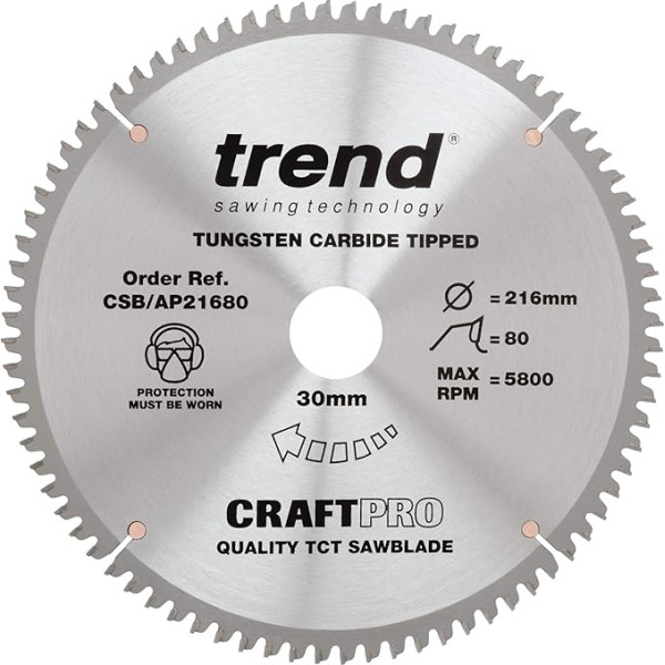 Trend Aluminium & Kunststoff Kreissägeblatt, 216mm Durchmesser, 30mm Bohrung, 80 Zähne, HW, 2,8mm Schnittbreite, -6° Haken, CSB/AP21680