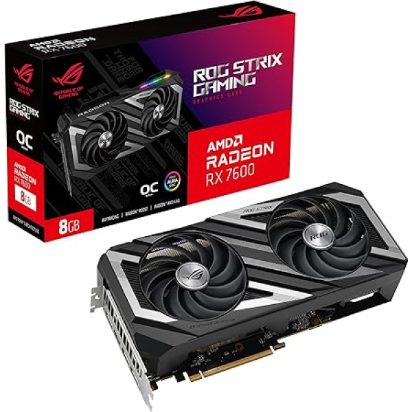 ASUS ROG Strix Radeon RX 7600 OC Edition 8GB GDDR6 žaidimų vaizdo plokštė (AMD Radeon RX7600, PCIe 4.0, 1x HDMI 2.1, 3x DisplayPort 1.4a, Aura Sync RGB apšvietimas, ROG-STRIX-RX7600-O8G-GAMING)