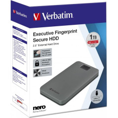 Verbatim Executive Fingerprint Secure HDD, 1 TB, pelēks, ārējais cietais disks ar pirkstu nospiedumu skeneri, USB 3.1 GEN 1, Windows un Mac OSX, portatīvais cietais disks, USB-C cietais disks