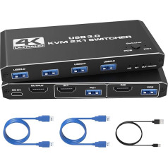 Ozvavzk USB 3.0 HDMI KVM slēdzis 2 datoru 1 monitoram 4K60Hz HDCP2.3 HDMI 2.0 KVM slēdzis 2 datoru koplietošanai 1 komplekts Pele Tastatūra U disks Printeris, atbalsts līdz 4 USB ierīcēm