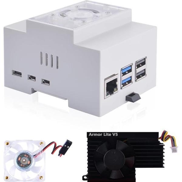 GeeekPi Raspberry Pi 5 korpuss, DIN sliedes ABS korpuss ar Armor Lite V5 aktīvā dzesētāja ventilatoru Raspberry Pi 5, modulāra kaste elektriskajiem paneļiem