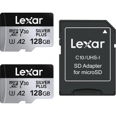 Карта памяти Lexar Silver Plus Micro SD, 128 ГБ, 2 упаковки, скорость чтения до 205 МБ/с, скорость записи до 150 МБ/с, карта памяти Micro SD с адаптером, UHS-I, A2, U3, V30, C