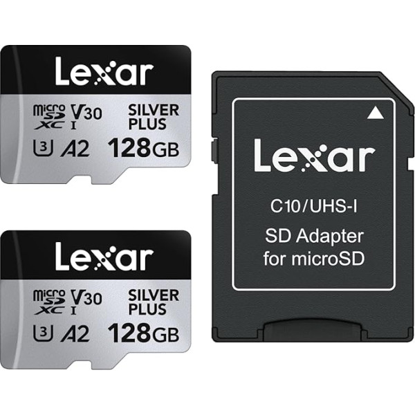 Lexar Silver Plus Micro SD karte, 128 GB, 2 gab., līdz 205 MB/s lasīšanas ātrums, 150 MB/s rakstīšanas ātrums, atmiņas karte Micro SD ar adapteri, UHS-I, A2, U3, V30, Class 10, 4K UHD microSDXC