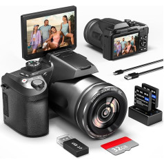 NBD Digitālā kamera 4K, 48MP 16X digitālā tālummaiņas fotokamera, 180° pārliekamais ekrāns, kompaktā kamera ar automātisko fokusu, zibspuldzi, kamera ar uzlādes staciju, 2 baterijām, 32 GB karti, iesācējiem, bērniem (melna)