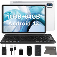 YESTEL Android 13 planšetdators 10 collu 10GB RAM 64GB ROM TF 1TB WiFi planšetdators ar korpusu Tastatūra Pele BT5.0 8000mAh 13MP + 5MP kamera Face ID HD planšetdators Slim & Light Silver