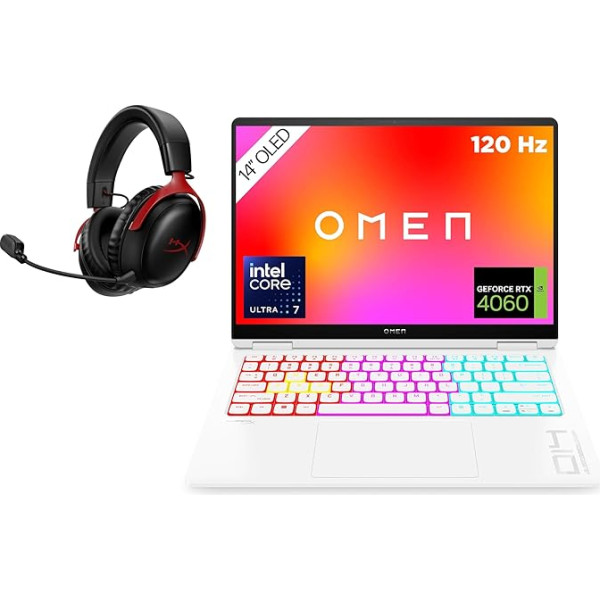 HP OMEN Transcend spēļu klēpjdators, 14 collu 2,8K OLED 120 Hz, Intel Core Ultra 7 155H, 16 GB DDR5 RAM, 1 TB SSD, NVIDIA GeForce RTX 4060 (8 GB), QWERTZ, Windows 11, balts ar HyperX Cloud III Wireless