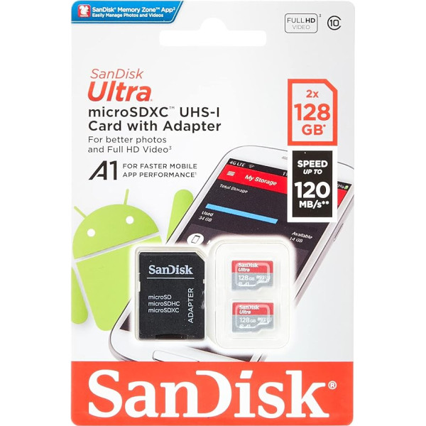 SanDisk Ultra microSDHC atmiņas karte + SD adapteris ar A1 aplikāciju veiktspēju līdz 120 MB/s, 10. klase, U1