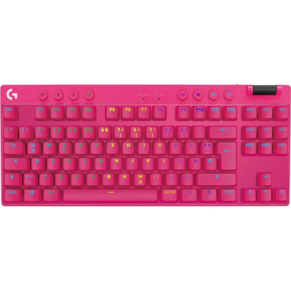 Logitech G PRO X TKL LIGHTSPEED bezvadu spēļu tastatūra, īpaši mobils dizains, bez ciparu tastatūras, LIGHTSYNC RGB, PBT taustiņu vāciņi, taktilo slēdži (GX Brown), QWERTZ vācu izkārtojums, purpursarkana krāsā