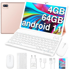 JUSYEA 10 collu Android 11 planšetdators | WiFi 5G + CPU 2.0 GHz | 4GB RAM 64GB ROM 1TB ar iespēju paplašināt | WiFi 6 | Bluetooth 5.0 + 8000mAh akumulators | 5MP + 8MP | Futrālis, tastatūra, pele - zelta krāsā