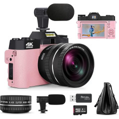 NBD digitālā kamera fotografēšanai, 4K videoreportāžas digitālā kamera ar 180° flip displeju, Wi-Fi, rozā, makro un platleņķa objektīvs, lietotnes vadība, ārējie mikrofoni, 16X tālummaiņa, 32 GB TF karte (rozā)