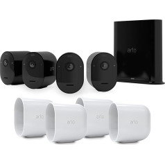 Arlo Pro3 WLAN āra novērošanas kamera, 2K UHD, 6 mēnešu akumulators, krāsu nakts redzamība, divvirzienu audio, 4 kameru komplekts ar bezmaksas kameras korpusu, ar 90 dienu droša plāna pārbaudes periodu, melna/balta