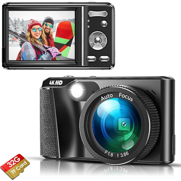 Hojocojo Digitālā kamera, 4K 48MP autofokusa fotokamera ar 32GB atmiņas karti, 18X digitālā tālummaiņa, kompaktā kamera, 3,0 collu IPS ekrāns pusaudžiem, iesācējiem un pieaugušajiem