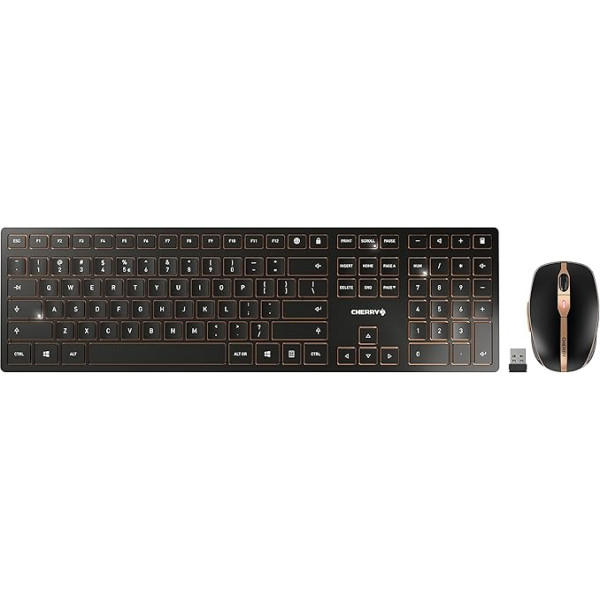 CHERRY DW 9100 SLIM bezvadu tastatūras un peles komplekts, ES izkārtojums (QWERTY), Bluetooth un 2,4 GHz radio, klusi taustiņi, uzlādējams, melns, melns, apdegums