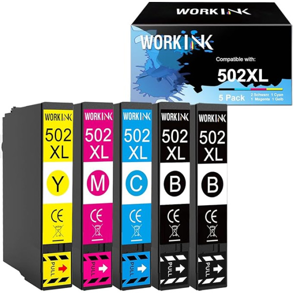 WorkInk 502XL kasetnes saderīgas ar Epson 502 502XL Epson Workforce WF-2860 WF-2860DWF WF-2865 WF-2865DWF Expression Home XP-5100 XP5100 XP-5105 XP-5105 XP5105 (5 iepakojumos)