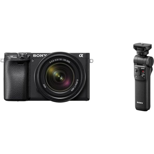 Sony Alpha 6400 APS-C bezspoguļa kamera ar 18-135 mm f/3,5-5,6 tālummaiņas objektīvu (ātra 0,02 sekundes automātiskā fokusēšana, noliekts displejs videoreportāžu uzņemšanai) + Bluetooth rokturis