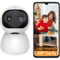 KW001 4MP iekštelpu novērošanas kamera ar dubulto objektīvu 2.4G WiFi 360° 1080P Baby Dual Camera Indoor AI kustības noteikšana Divvirzienu audio daudzu lietotāju koplietošana, trauksmes ziņojums, IR HD nakts redzamība 12 metri