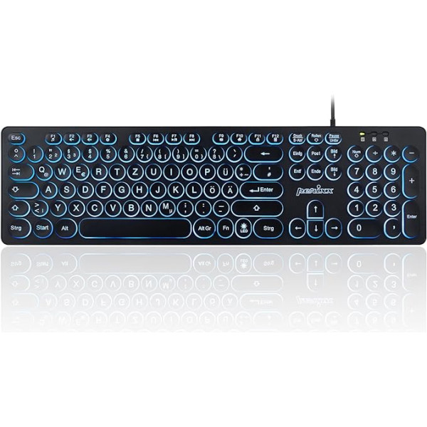 Perixx PERIBOARD-317R vadu USB tastatūra ar aizmugurējo apgaismojumu - Lielie burti - Trīskrāsu izgaismota LED - Stilīgi apaļi taustiņi - DE QWERTZ izkārtojums