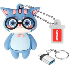 GARRULAX USB 3.0 zibatmiņas diskdziņi, ūdensizturīgs silikona ātrgaitas USB 3.0 datu glabāšanas disks Memory Stick Pen Disk Pendrive ar OTG C tipa adapteri (Blue Cat, 128 GB)