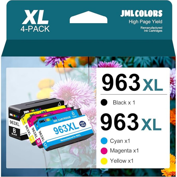 JMLCOLORS 963 XL atkārtoti atjaunotas HP 963XL multipakas 963 XL kasetnes, kas paredzētas HP OfficeJet Pro 9010 kasetnēm 9012 9020 9014 9022 9025 9019 9015 (1 melna 1 zilā 1 ciāna 1 magenta 1 dzeltena)