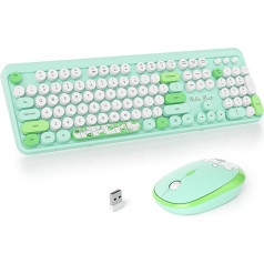 SOLIDEE bezvadu tastatūras un peles kombinācija, retro rakstāmmašīnas tastatūra, 2,4 GHz apaļa tastatūra ar ciparu tastatūru, 104 taustiņi, ergonomiska tastatūra (amerikāņu QWERTY) (Bear Green)