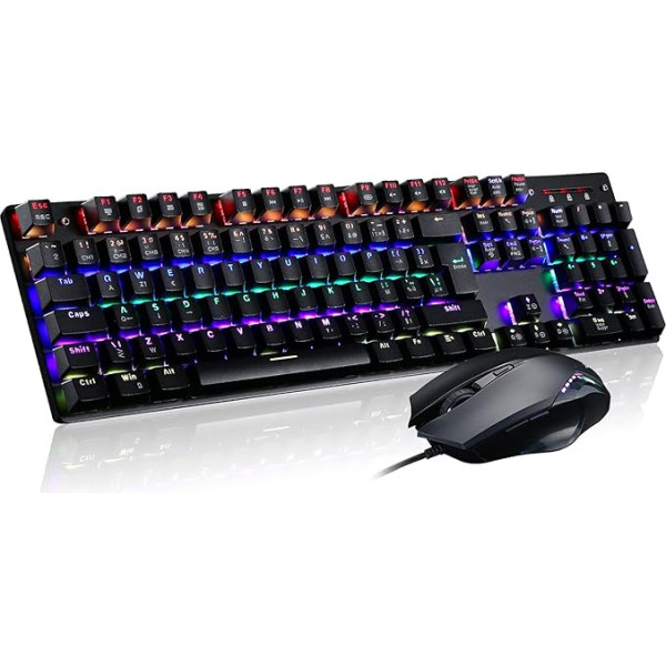 teamwolf Mehāniskā spēļu tastatūra ar RGB apgaismojumu, 105 taustiņi un pele 4800 DPI Professional Combo (sarkani slēdži)