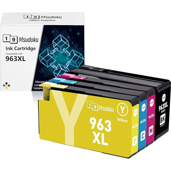 Msudoku 963XL spausdintuvo kasetės suderinamos su HP 963 XL daugiapakopėmis kasetėmis, skirtomis HP OfficeJet Pro 9010 9012 9013 9014 9015 9016 9019 9020 9023 9025 (juodos/ciano/magentos/geltonos spalvos, 4 pakuotės)