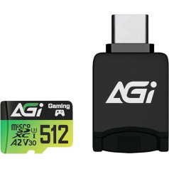 AGI TF138 512GB MicroSD karte ar adapteri un disku, 3 in 1 microSDXC, A2, U3, V30, nolasīšanas ātrums līdz 170MB/s droniem/kamera/kamera/telefons/komutators/personālais dators/tablets