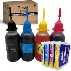 F-Ink saderīga ar Epson T0715 vai T071 uzlādējamo tintes kasetni un 4 x 50 ml tintes kasetnes T0711 melnā, T0712 zilā, T0713 magenta, T0714 dzeltenā krāsā, ar ARC mikroshēmām.