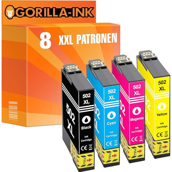 Gorilla-Ink 8 kasetnes XXL saderīgas ar Epson 502 XL 502XL | Piemērots Epson Expression Home XP-5100 XP-5105 XP-5115 Epson Workforce WF-2860 DWF WF-2865 DWF