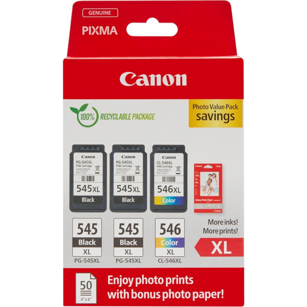 Canon Originaltinte PG-545XL x 2 / CL-546XL (3 krāsu toņi; 2X Schwarz XL + 1x Farbe XL) - Photo Value Pack (inkl. Canon Fotopapier GP-501 50 Blatt 10x15cm)