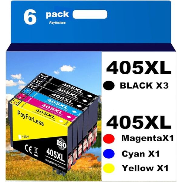 405XL daugkartinė pakuotė, suderinama su Epson 405 XL spausdintuvo kasetėmis, skirtomis Workforce Pro WF-4820 WF-3820 WF-4830 WF-7840 WF-7830 WF-3825 WF-4825 WF-7835 (6 pakuotės: 3 juodos, 1 žydros, 1 purpurinės, 1 geltonos)