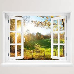 Wall Sticker - Photo Wallpaper - Self-Adhesive Wall Sticker - Window with View Motif - Wall Sticker - Wall Mural - Self-Adhesive (Forest with Clearing, 80 x 62 cm)