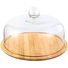 VOSAREA 1 komplekta stikla kupola vāks ar koka augšējo apaļo deserta šķīvi, caurspīdīgs kūku statīvs kūkas dekorēšanai ar zvana augšējo kūkas šķīvju vāku (caurspīdīgs, 26 cm)
