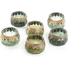 Logbuch-Verlag 6 Tea Light Glasses Green Tea Lights Wedding Birthday Party Gold Elegant Vintage Table Decoration