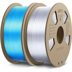 JAYO PLA zīda pavediens 1,75 mm, spīdīgs PLA 3D printera pavediens 2,2 kg, gluds pavediens, izmēru precizitāte +/- 0,02, 2 spoles PLA zils + sudrabs