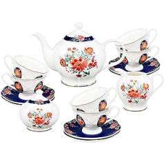 fanquare 21 dalies porcelianinis popietės arbatos rinkinys, raudonų gėlių kavos servizas 6 žmonėms su arbatinuku, cukrumi, pieno ąsočiu ir arbatiniu šaukšteliu