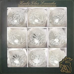 Krebs Glas Lauscha - Glass Christmas Tree Decorations - Glass Bauble Assortment with Eyelet with White Decoration - Size Approx. 8 cm - Pack of 9