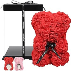 Rose Bear - Flower Teddy Bear Made of Artificial Roses, Rose Teddy Bear, Rose Flower Bear, with Clear Gift Box 25 cm / 10 Inches Tall (Red), Valentine's Day or Just for a Romantic Evening