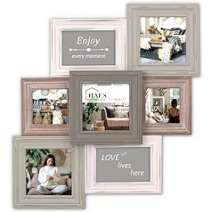 HAES DECO - MP103 Collage Wooden Picture Gallery Grenoble in Vintage Colours Grey, Brown and White for 7 Photos Photo Collage Size 52.5 x 48.5 cm