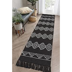 LINROMIA Rug Runner gaitenis 60 x 240 cm, Boho Black White Long Virtuves Runner Mazgājams kokvilnas paklājs ar rokām austiem pušķiem ieejas zonai Virtuve Dzīvojamā istaba Guļamistaba Vannas istaba