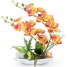 RERXN Dekoratīvie Real Touch viltotie orhideju bonsai mākslīgie ziedi ar porcelāna ziedu imitāciju Phalaenopsis ziedu kompozīcijas mājas dekorēšanai (oranži)
