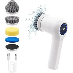 Mcbazel Electric Cleaning Brush, LED Display Rechargeable Hand Cleaning Brush with Rotating Function for Household with 5 Brush Heads/2 Speeds - White