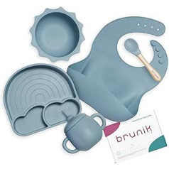 Brunik Silicone Baby Tableware - Includes Suction Plate with Compartments, Kids Cutlery, Silicone Baby Spoon, Learning Cup, Suction Bowl and Waterproof Bib