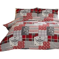 Alpine Patchwork 100 % šlifuotos medvilnės plonos lininės patalynės širdies antklodės ir pagalvės užvalkalo lovos komplektas, raudona/daugiaspalvė, vienguba
