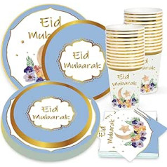 Bdecoll Luxury White Gold Eid Mubarak galda piederumi Atkārtoti lietojams komplekts Ramadānam Mubarak galda rotājumi Musulmaņu Ramadāna desertu šķīvji Eid salvetes Šķīvji Ramadāna ballītei