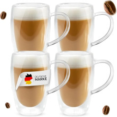 Latte Macchiato glāzes 450 ml - 4 divstūra glāžu komplekts ar rokturi - karstumizturīgas un moderna dizaina kafijas tasītes - tējas glāzes, kapučīno tasītes (Latte Macchiato glāzes 450 ml (4 komplekts))