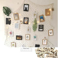 Goldbeing Photo Hanging Display Fishing Net Picture Frame Collage Photo Frame Koka bilžu rāmis ar mini apģērba nagliņām fotogrāfiju, bilžu, pastkaršu un mākslas darbu ievietošanai (Style b)