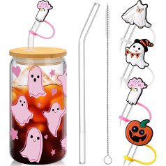 Yetene 17oz rozā spoku Halloween krūze 4 Pack salmiņa vāks Spoki Stikls ar bambusa vāku Stikla salmiņš Cute Scary Iced Coffee Cup Smoothie Tin Cup Halloween dāvanas