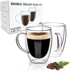 Nestling 2 x 350 ml divsienu kafijas glāzes ar rokturi, kapučīno, latte macchiato tasītes tējai, kafijai, pienam, sulai, saldējumam, trauku mazgājamā mašīnā, karstumizturīgas stikla krūzes.